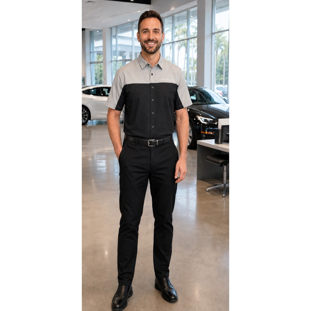 Tesla Motors Unisex Grey Black Color Block Short Sleeve Button Down Shirt LG
